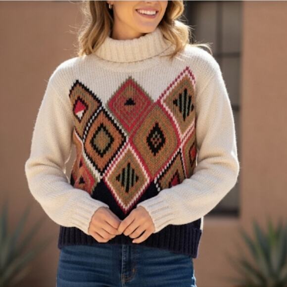 Vintage Jeanne Pierre knit diamond southwestern aztec turtleneck sweater art - Picture 1 of 10